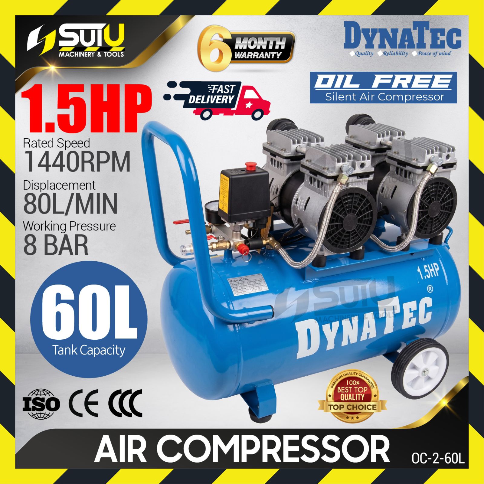 [COMPRESSOR ONLY] DYNATEC OC-2-60L / OC260L 1.5HP 60L Oil Free Oilless Air Compressor 1100W