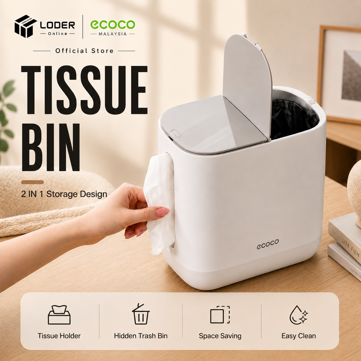 LODER ECOCO Hidden Bag Press Top Trash Bin Covered Waste Bin Desktop Dustbin Bathroom Bedroom Odor Control Bin
