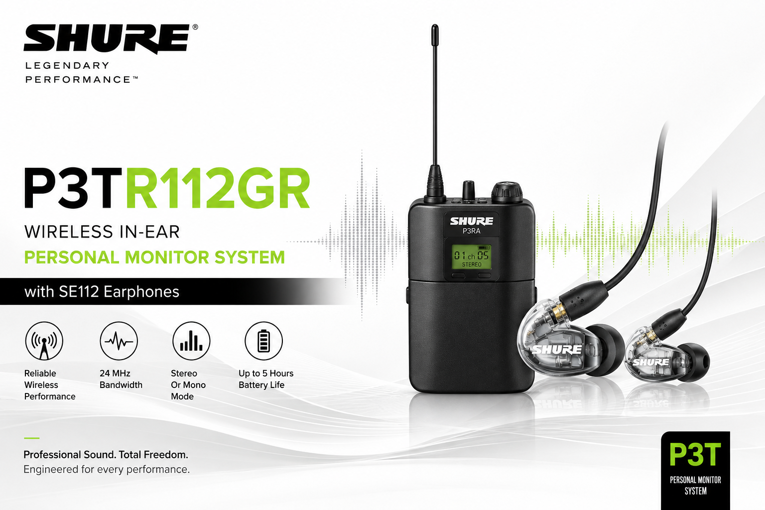 Shure P3TR112GR Sistem Monitor Peribadi Tanpa Wayar Dalam Telinga dengan SE112 Earphones – PSM®300 Digital Stereo