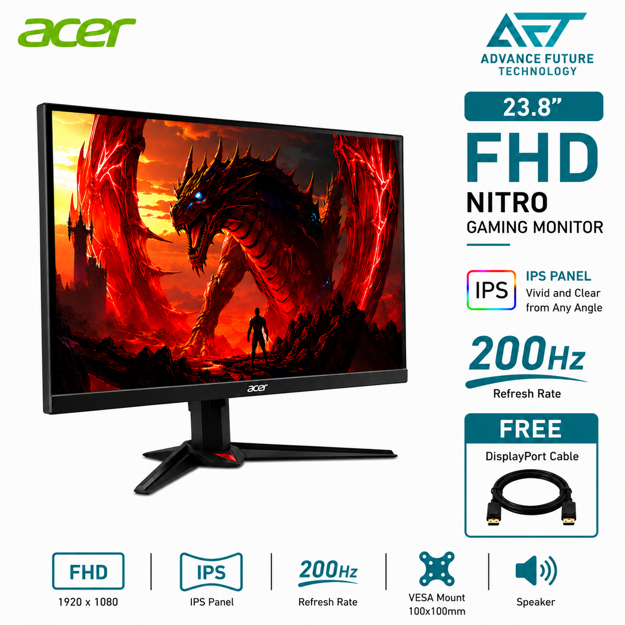 Acer Nitro XV240Y X1 23.8'' FHD IPS 200Hz Gaming Monitor ( Speaker, 2x HDMI, DP, Audio, 3 Years Warranty )