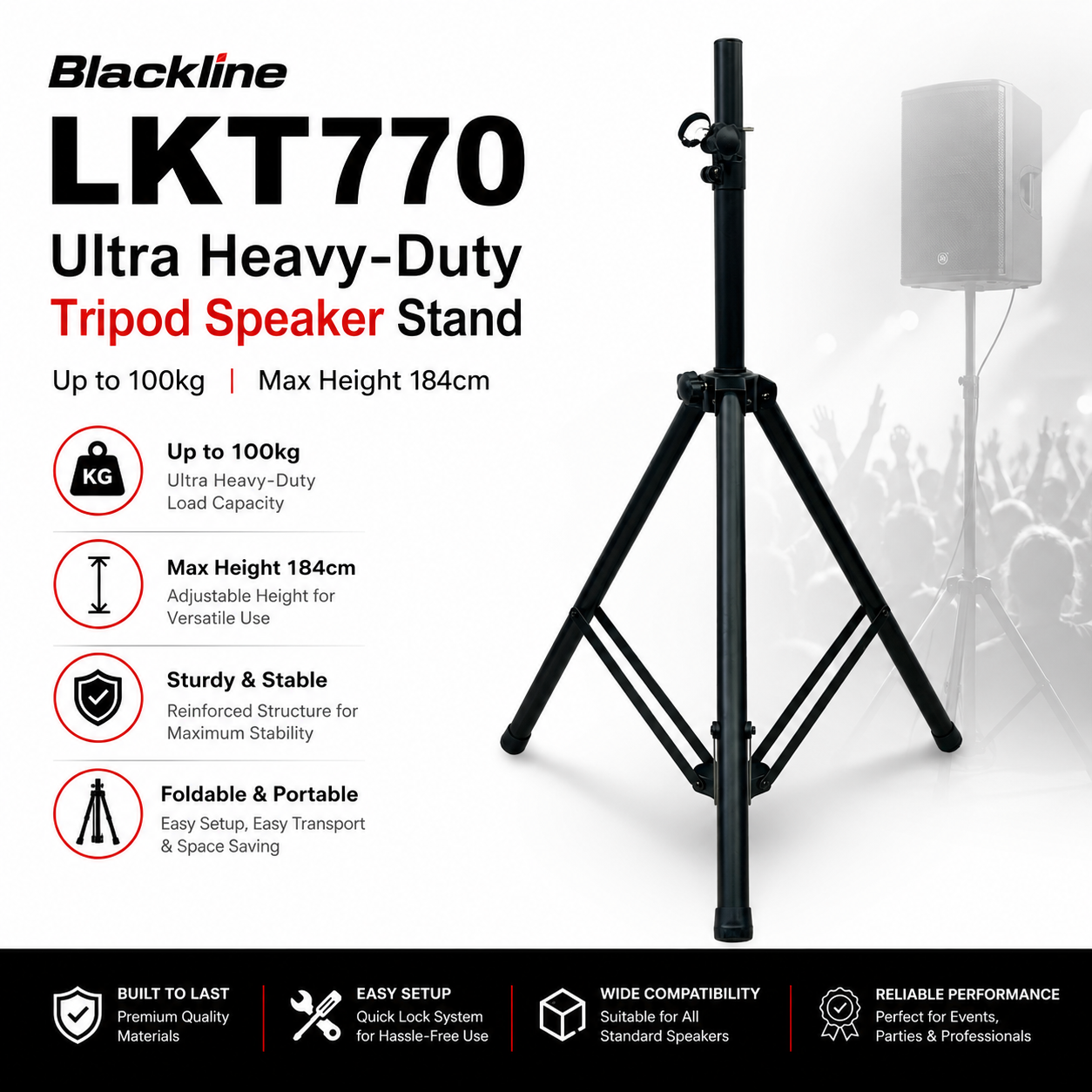 Blackline LKT770 – Kaki Pembesar Suara Tripod Tugas Ultra Berat (Sehingga 100kg, Tinggi Maksimum 184cm)