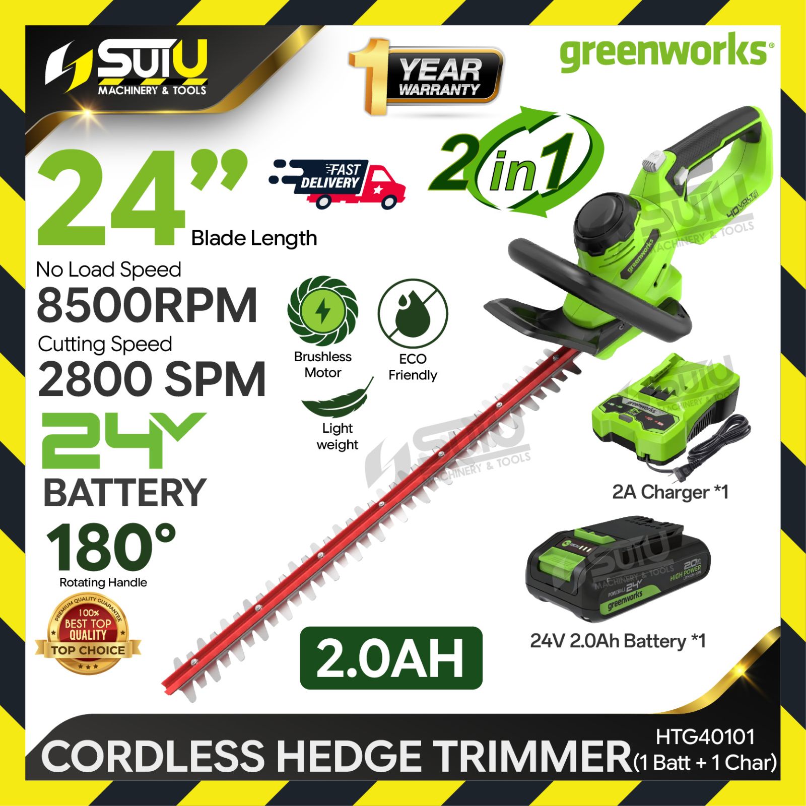 [2.0AH SET] GREENWORKS HTG40101 24V 24" / 61CM Cordless Hedge Trimmer 2800SPM w/ 1 x Battery 2.0Ah + Charger