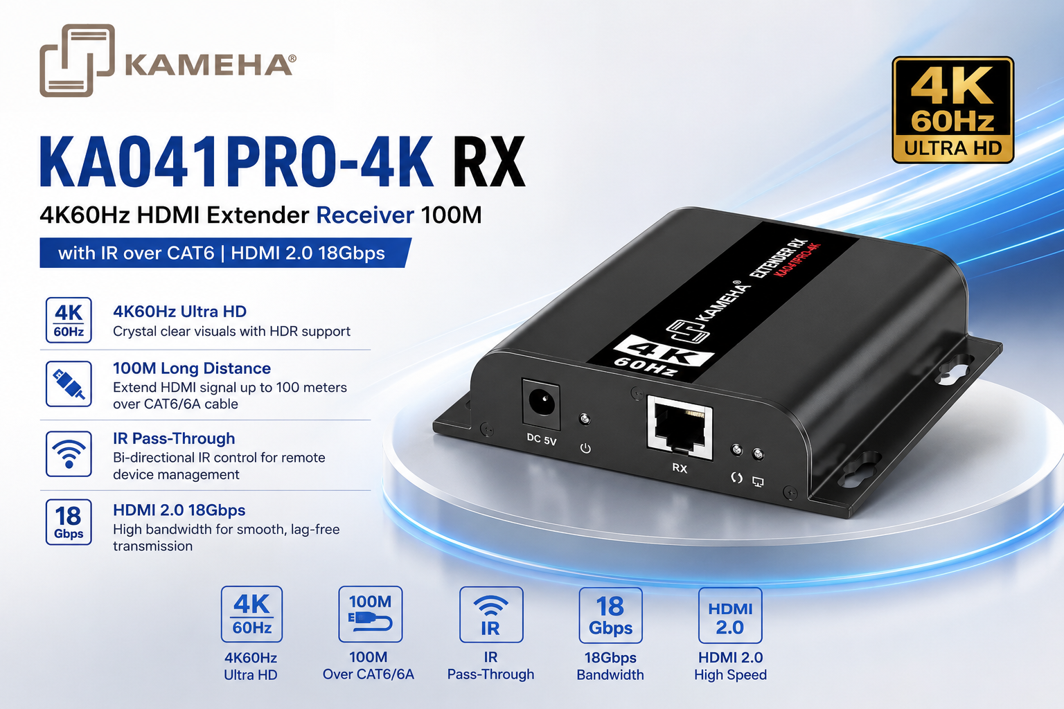 KAMEHA KA041PRO-4K RX 4K60Hz HDMI延长器接收器 100米 带IR红外回传 | HDMI 2.0 18Gbps CAT6网线传输（升级版）