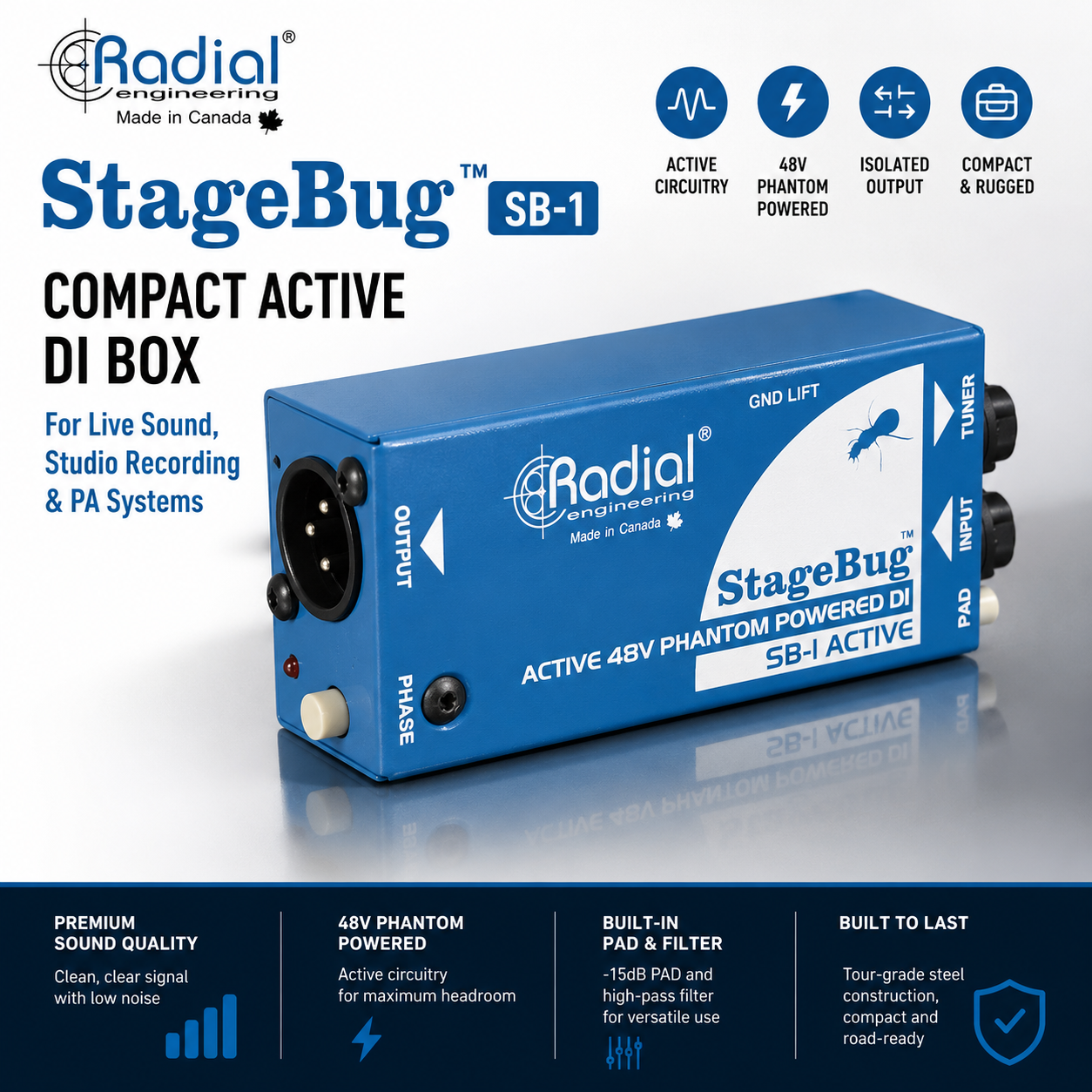 Radial Engineering StageBug SB-1 Kotak DI Aktif Kompak untuk Sistem Bunyi PA, Persembahan Pentas & Rakaman Studio