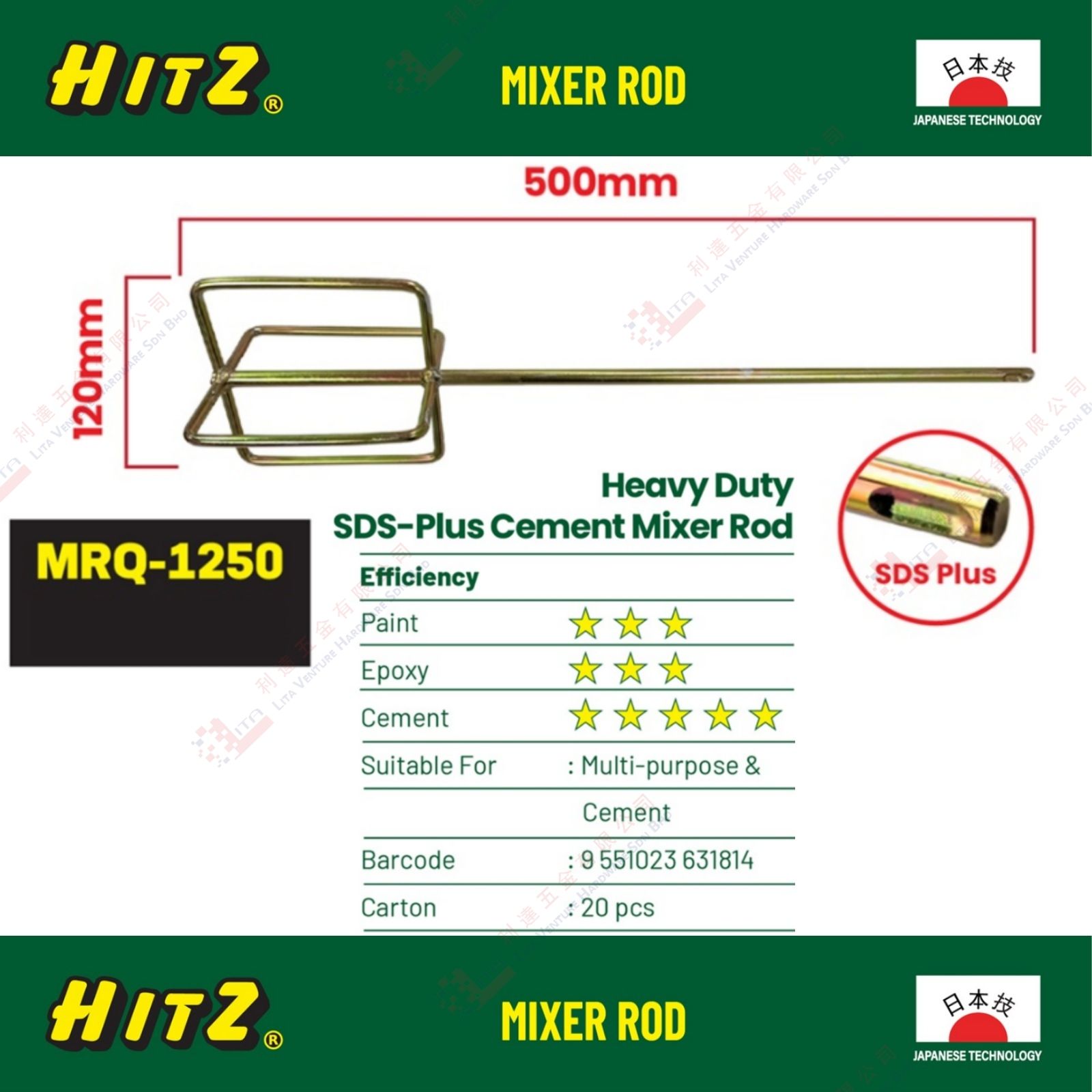 HITZ BRAND HEAVY DUTY SDS PLUS CEMENT MIXER ROD - MRQ1250 (2)
