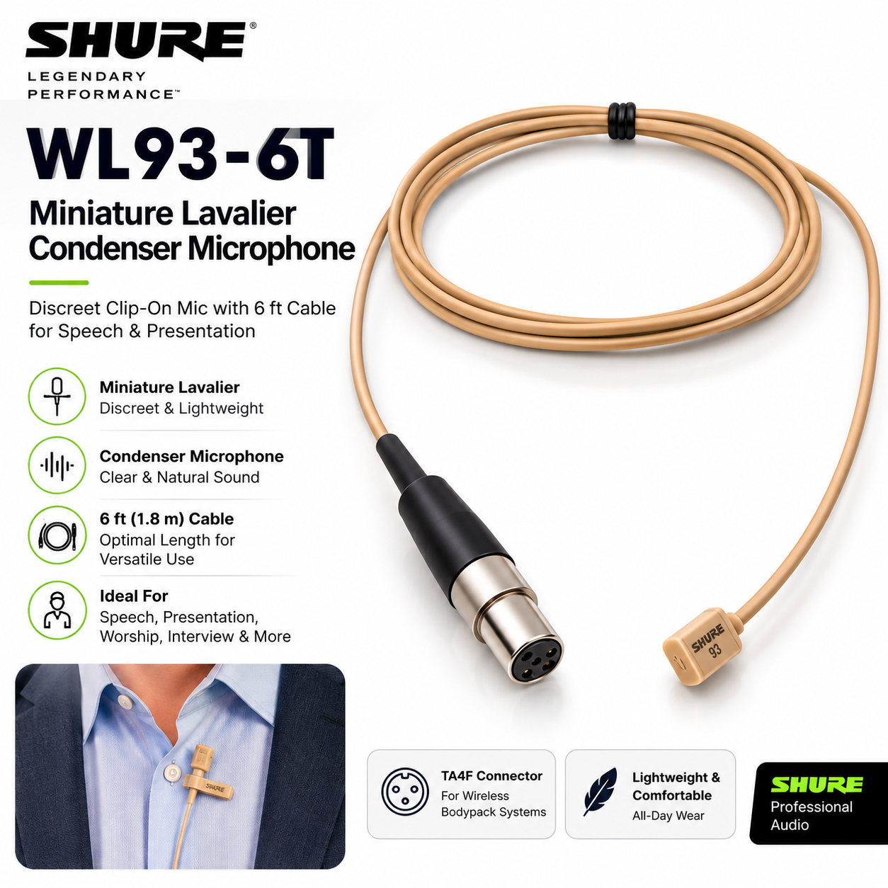 Shure WL93-6T Miniature Lavalier Condenser Microphone (Tan) – Discreet Clip-On Mic with 6 ft Cable for Speech & Presentation