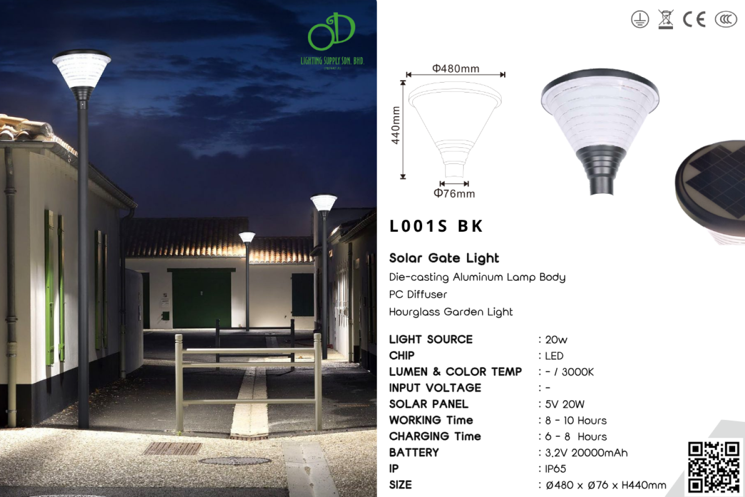 Outdoor Solar Lamp Pole Light (L001S BK)