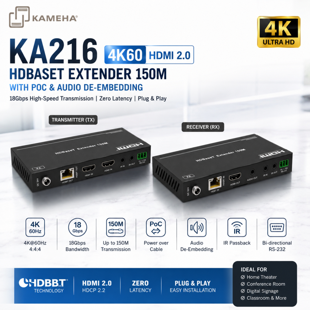 KAMEHA KA216 4K60 HDMI 2.0 HDBaseT Extender 150M with POC & Audio De-Embedding | 18Gbps