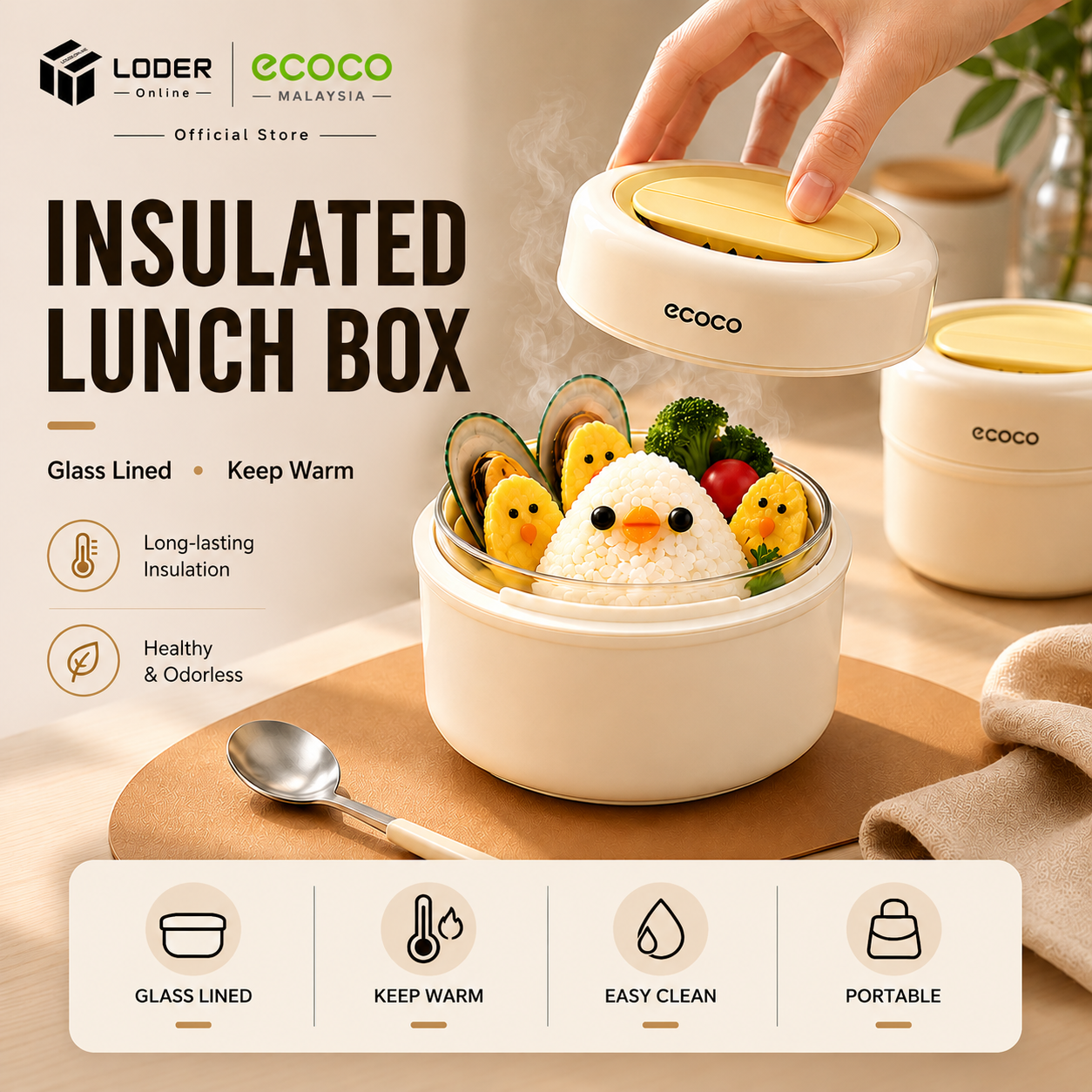 LODER ECOCO Insulated Lunch Box Microwave Safe Food Container Leakproof Thermal Lunch Container