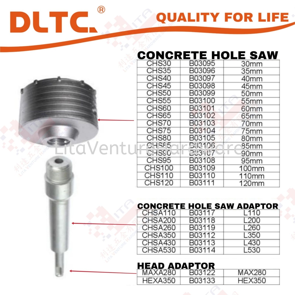DLTC BRAND CONCRETE HOLE SAW - CHS30 CHS35 CHS40 CHS45...CHS120