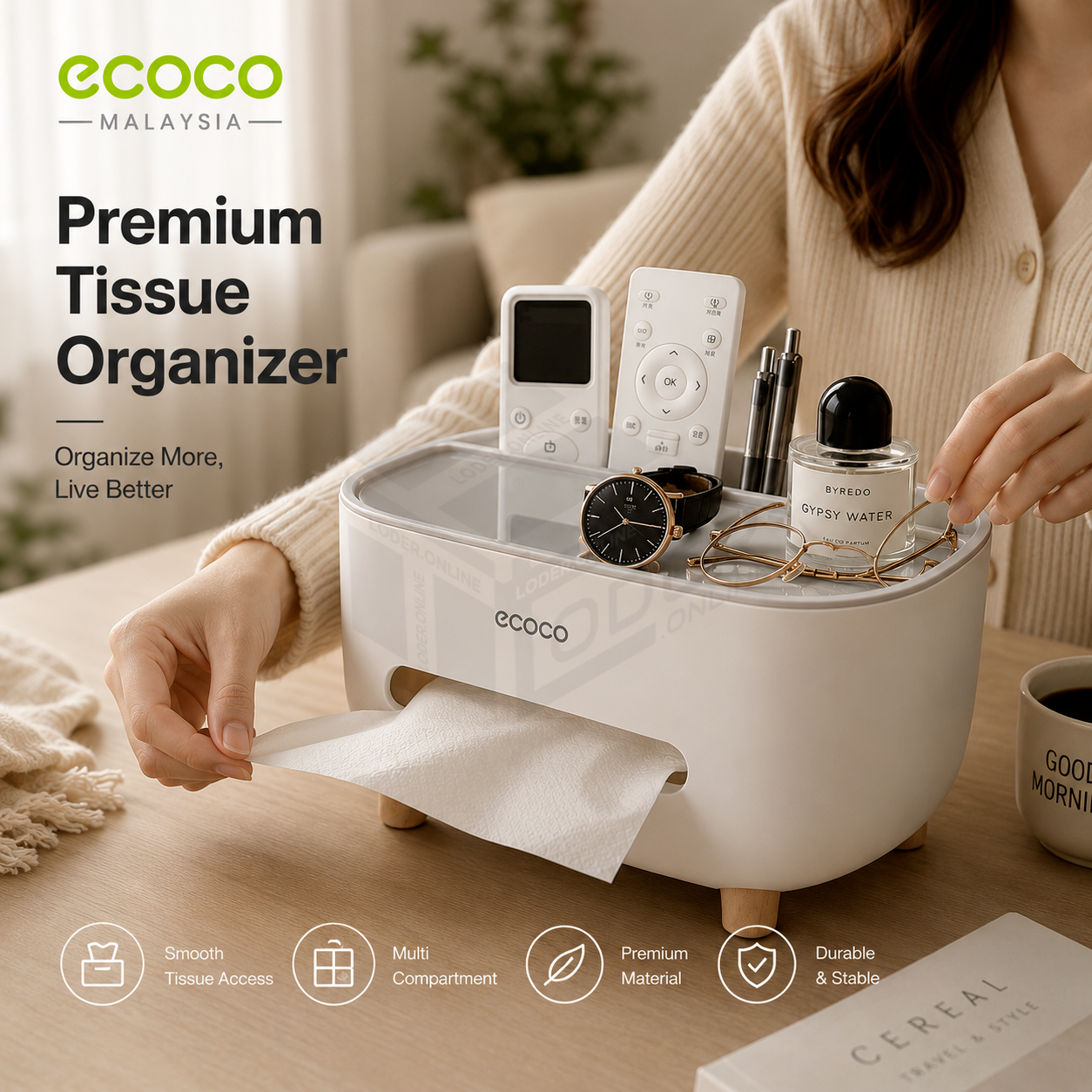 LODER ECOCO Multifunction Tissue Box Desktop Organizer Remote Control Holder Storage Box with Drawer