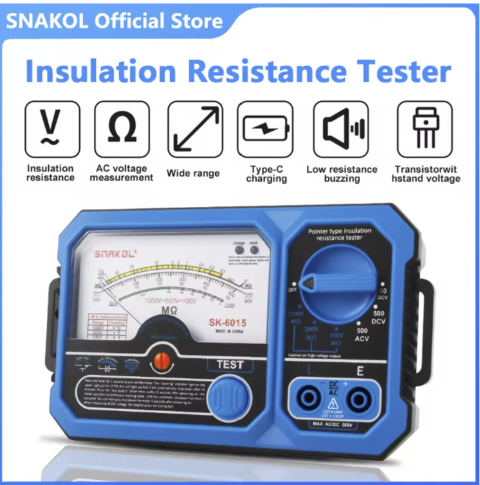 SNAKOL Insulation Resistance Meter Pointer Type SNAKOL SK-6015 Analog Megaohmmeter Voltmeter 100-500-1000V Ground Resistance Meter