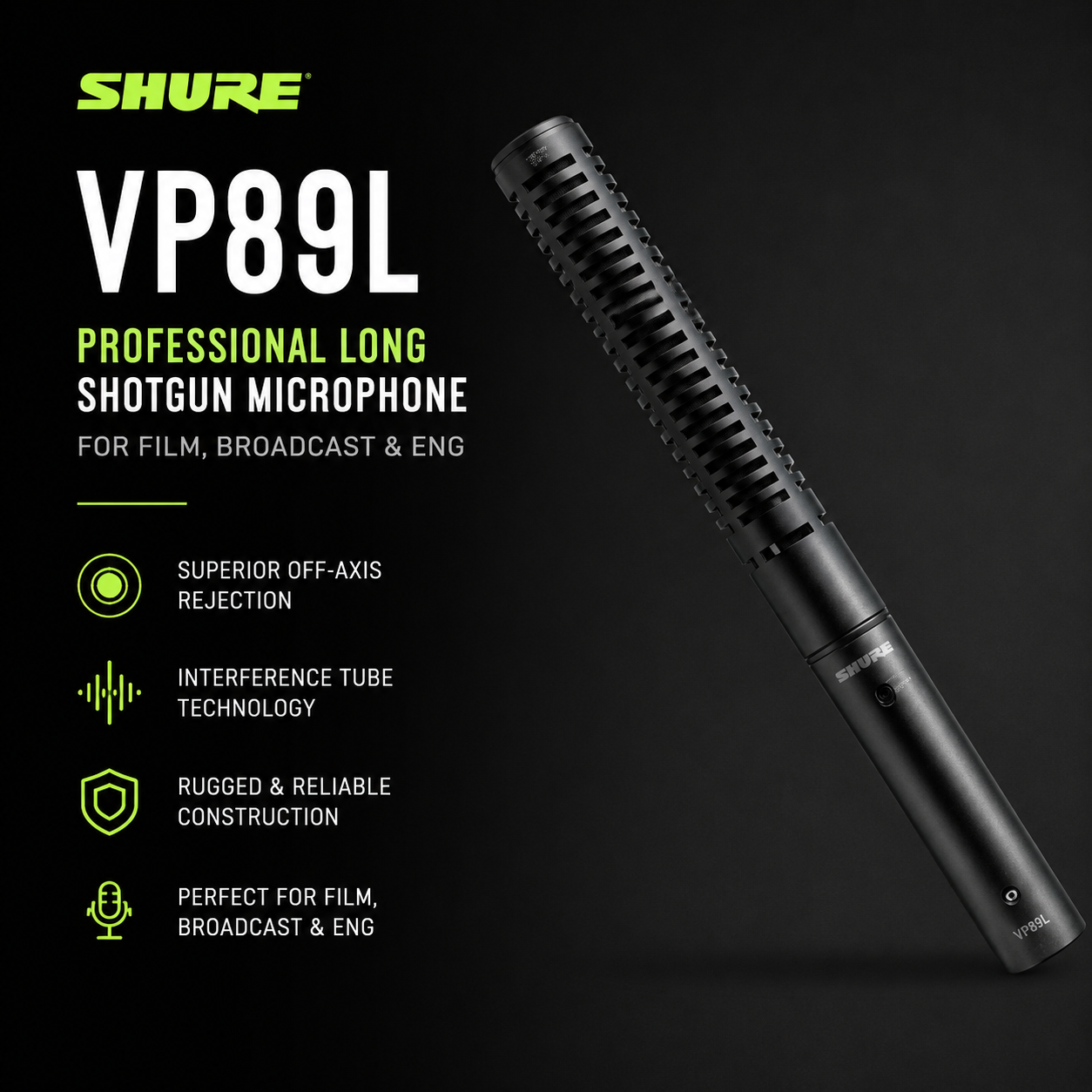 Shure VP89L Professional Long Shotgun Microphone for Film, Broadcast & ENG