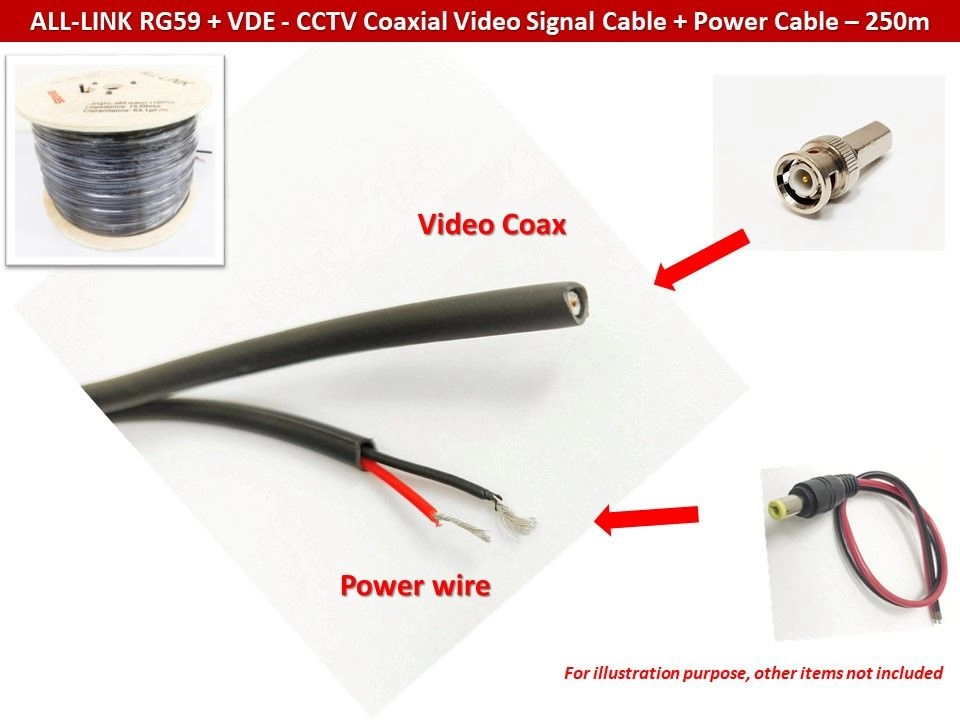 ALL-LINK RG59 + VDE 250 Meter CCTV Coaxial Video Signal Cable Pair with 2 Core DC Power Cable - Bare Copper E80 Aluminium (E80VDES)