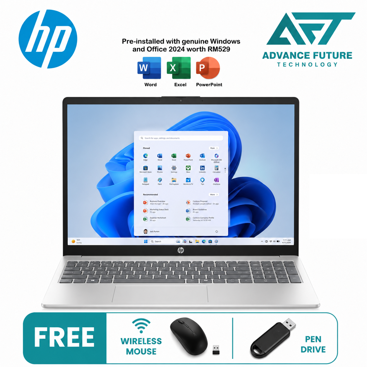 HP 15-fc0880AU 15.6" FHD Laptop Natural Silver ( AMD Ryzen 5 7530U, 8GB, 512GB SSD, ATI, W11, H&S 2024&M365 )