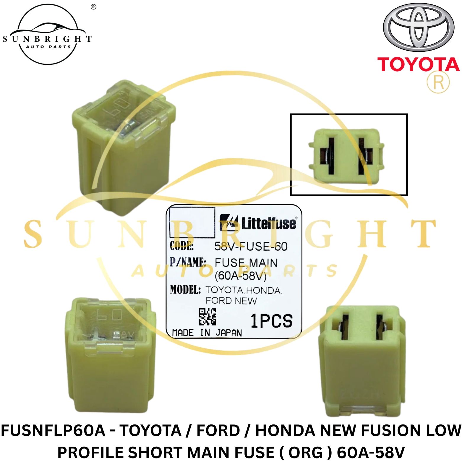 FUSNFLP60A - TOYOTA / FORD / HONDA NEW FUSION LOW PROFILE SHORT MAIN FUSE ( ORG ) 60A-58V