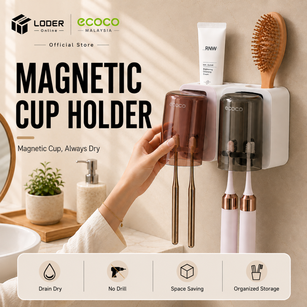 LODER ECOCO Magnetic Cup Holder Wall Mounted Toothbrush Holder Quick Dry Bathroom Organizer No Drill Toothpaste Storage