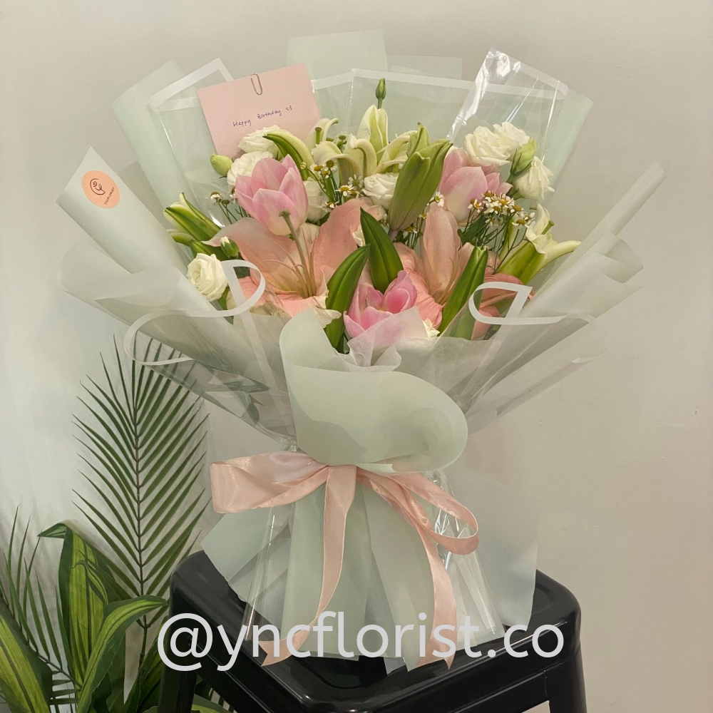 Fresh Lily and Pink Tulip with Mix Flowers (L)