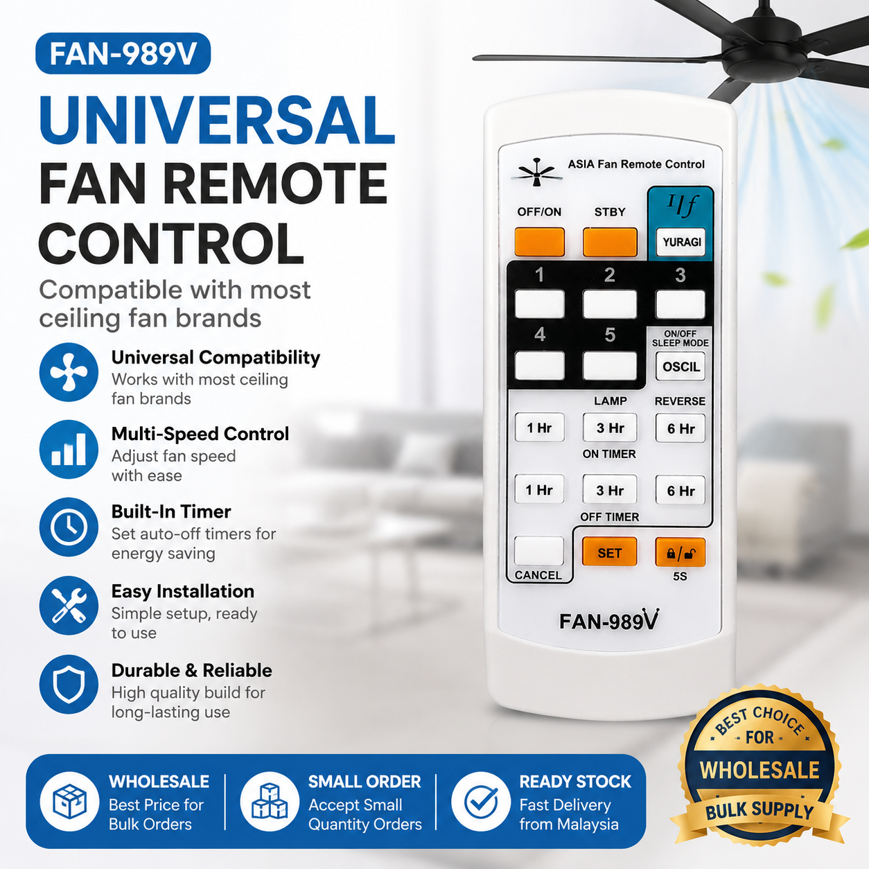FAN-989V Universal Fan Remote Control | Wholesale Fan Remote Supplier Malaysia | Ready Stock Small Order Support | Ceiling Fan Controller with Timer & Speed