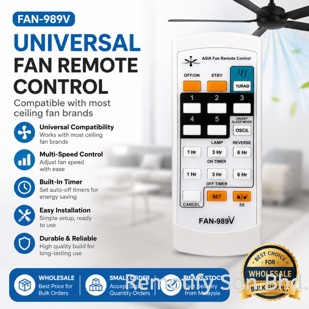 FAN-989V Universal Fan Remote Control | Wholesale Fan Remote Supplier Malaysia | Ready Stock Small Order Support | Ceiling Fan Controller with Timer & Speed