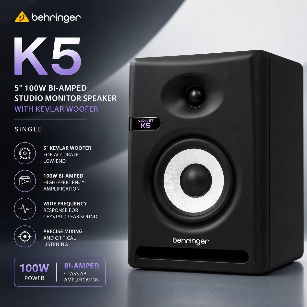 Behringer K5 – Pembesar Suara Monitor Studio 5" 100W Bi-Amp dengan Woofer Kevlar (Seunit)