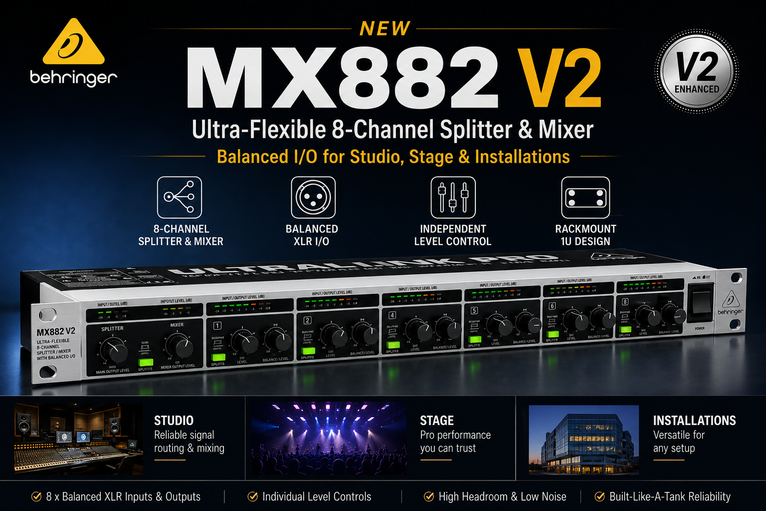 Behringer MX882 V2 – Pemisah & Mixer 8-Saluran Serba Boleh dengan Input/Output Seimbang untuk Studio, Pentas & Pemasangan