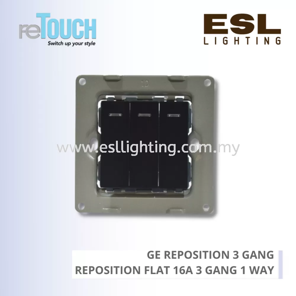 RETOUCH GRAND ELEMENTS - GE REPOSITION 3 GANG - E/SW031N-GB – REPOSITION FLAT 16A 3 GANG 1 WAY C/W BLUE LED LIGHT INDICATOR