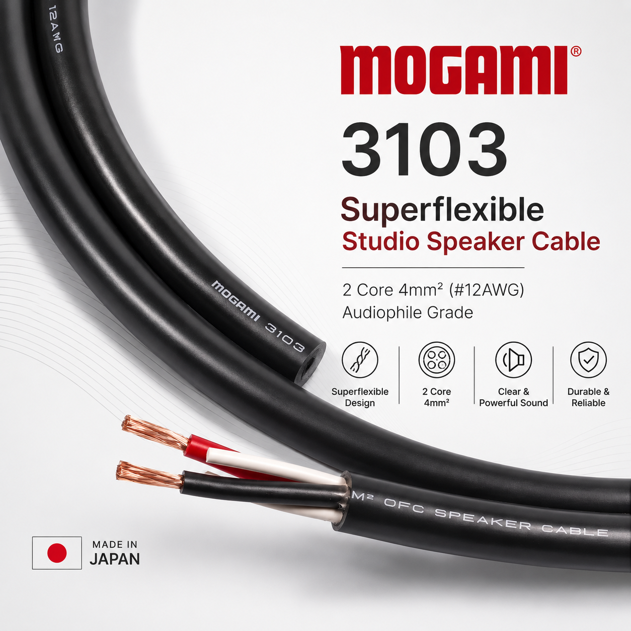 Mogami 3103 Superflexible Studio Speaker Cable – 2 Core 4mm² (#12AWG) Audiophile Grade, Made in Japan