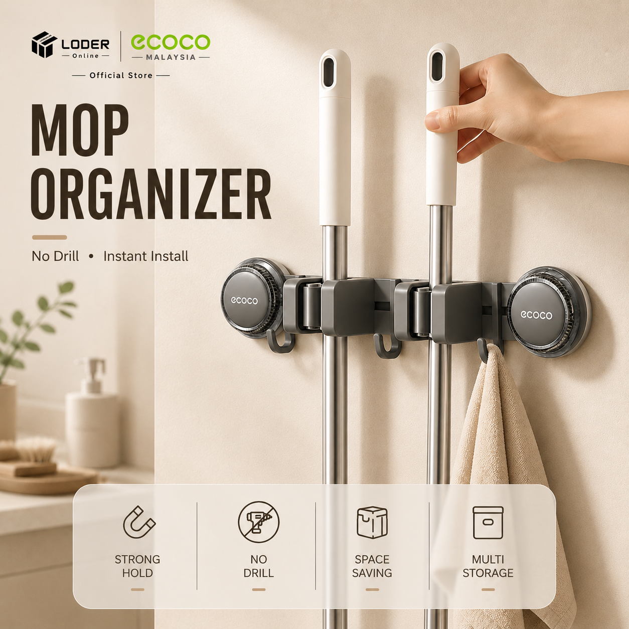 LODER ECOCO Wall Mounted Mop Holder Vacuum Suction Broom Organizer No Drill Cleaning Tool Rack