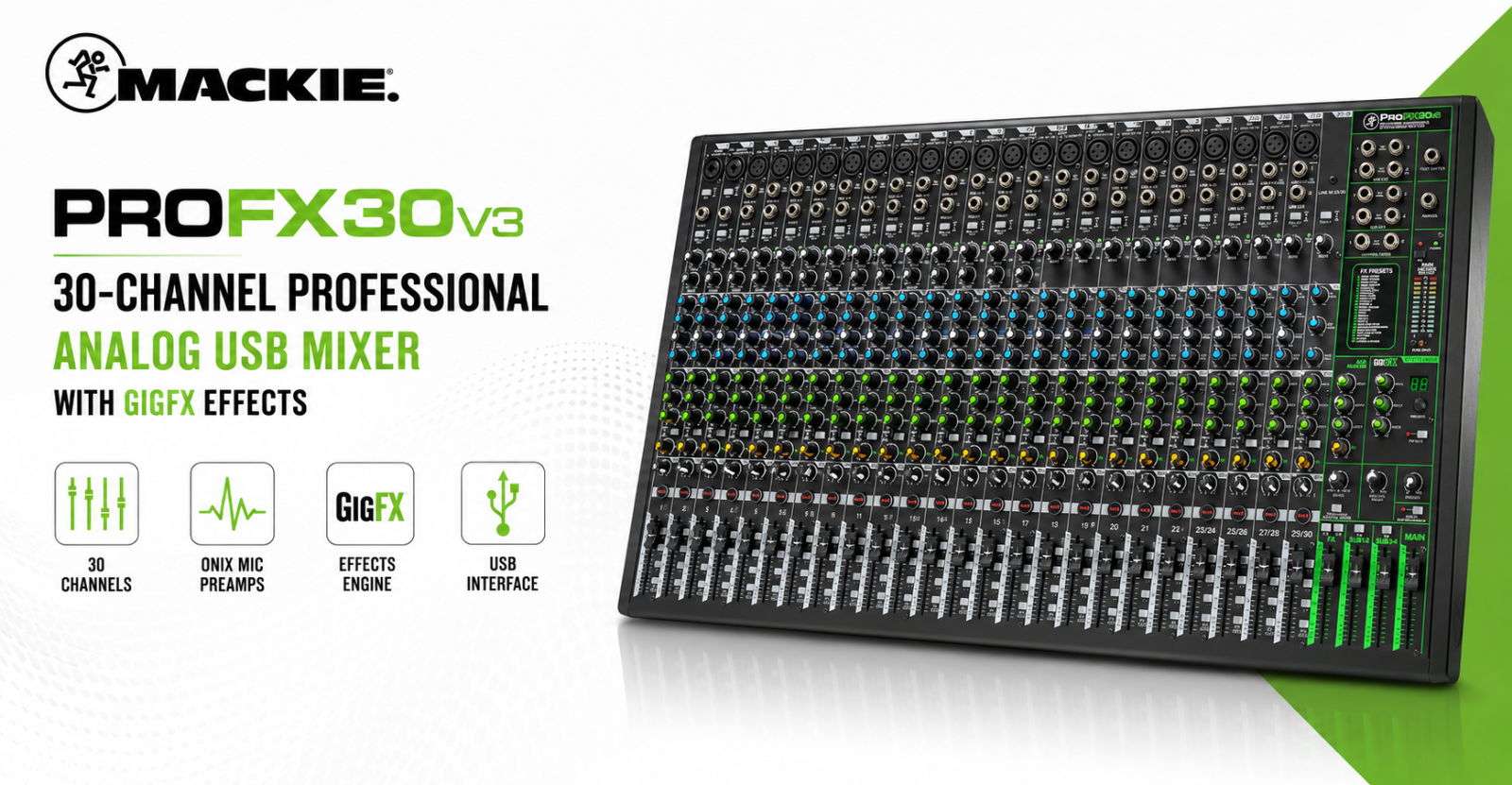 Mackie ProFX30v3 Pengadun Analog USB Profesional 30-Saluran dengan Kesan GigFX