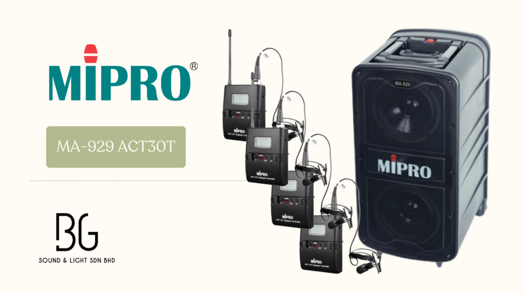 MIPRO MA-929 Portable Wireless PA System with 4 ACT-32T Bodypack Clip Microphones – Professional Speaker for Church, Events & Presentation