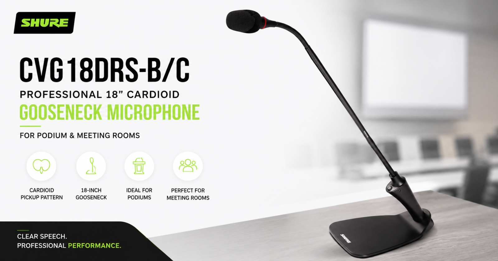 Shure CVG18DRS-B/C Professional 18” Cardioid Gooseneck Microphone for Podium & Meeting Rooms