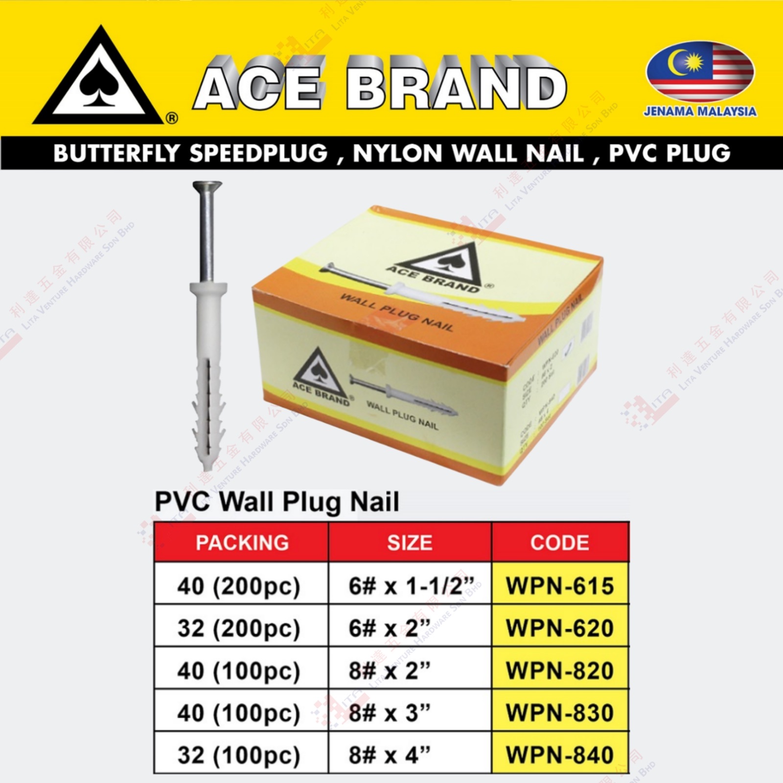 ACE BRAND PVC WALL PLUG NAIL - WPN615 WPN620 WPN820 WPN830 WPN840