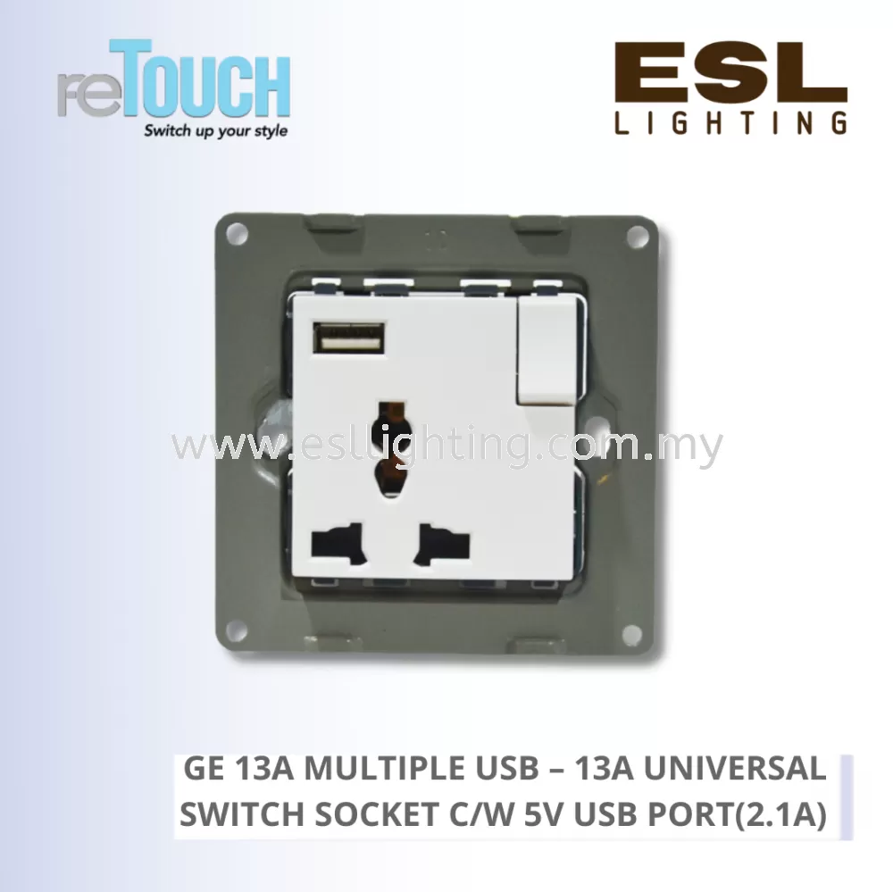 RETOUCH GRAND ELEMENTS - GE 13A MULTIPLE USB - E/SO110U-GW – 13A UNIVERSAL SWITCH SOCKET C/W 5V USB PORT(2.1A)