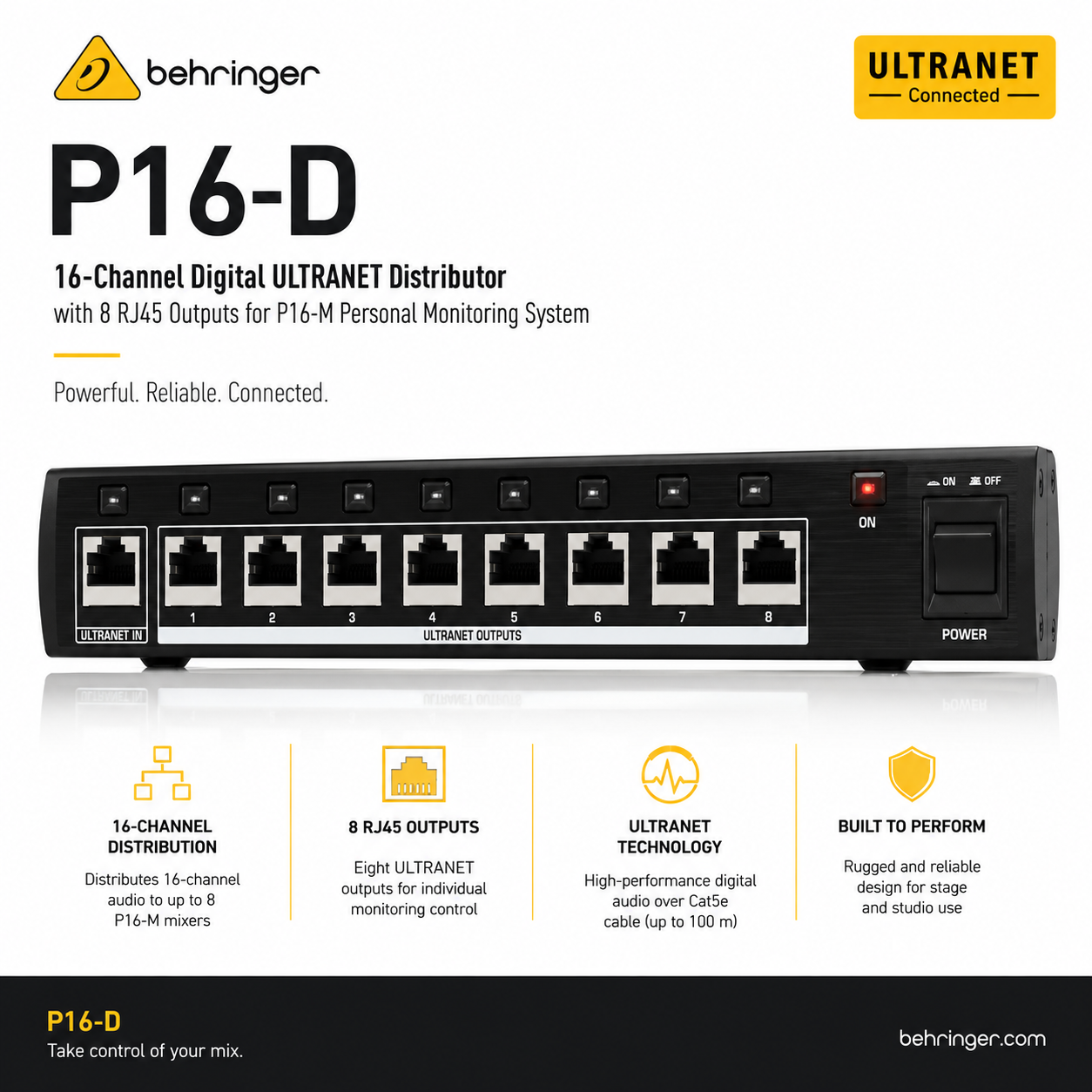 Behringer P16-D – 16-Channel Digital ULTRANET Distributor with 8 RJ45 Outputs for P16-M Personal Monitoring System
