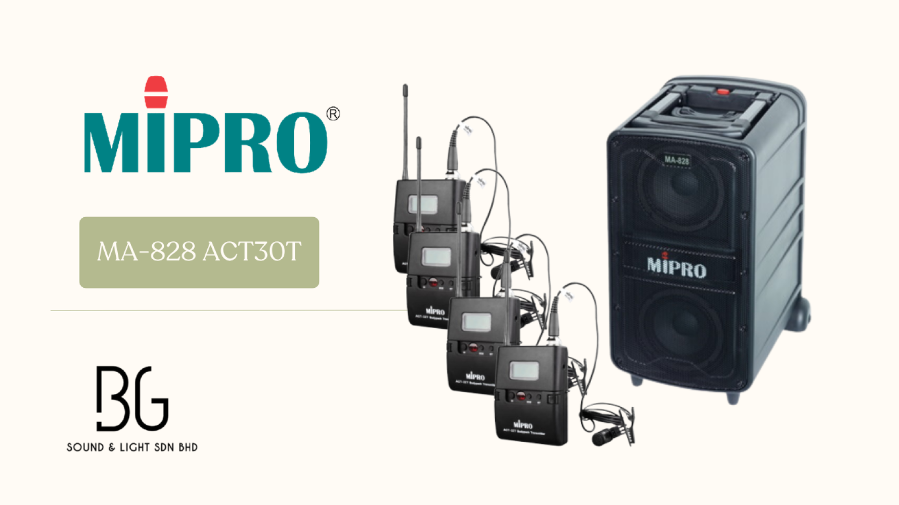 MIPRO MA-828 Portable Wireless PA System with 4x ACT-32T Lavalier Bodypack Clip-On Microphones (Hands-Free Speaker Malaysia)