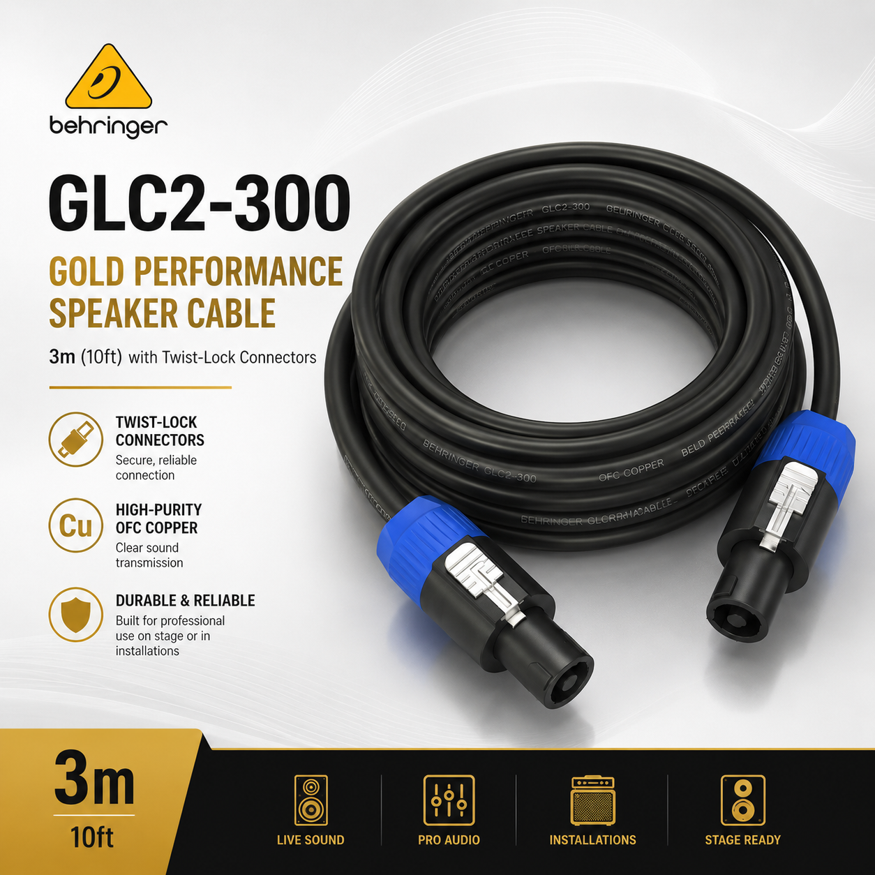 Behringer GLC2-300 – Kabel Pembesar Suara 3m (10ft) Prestasi Emas dengan Penyambung Twist-Lock