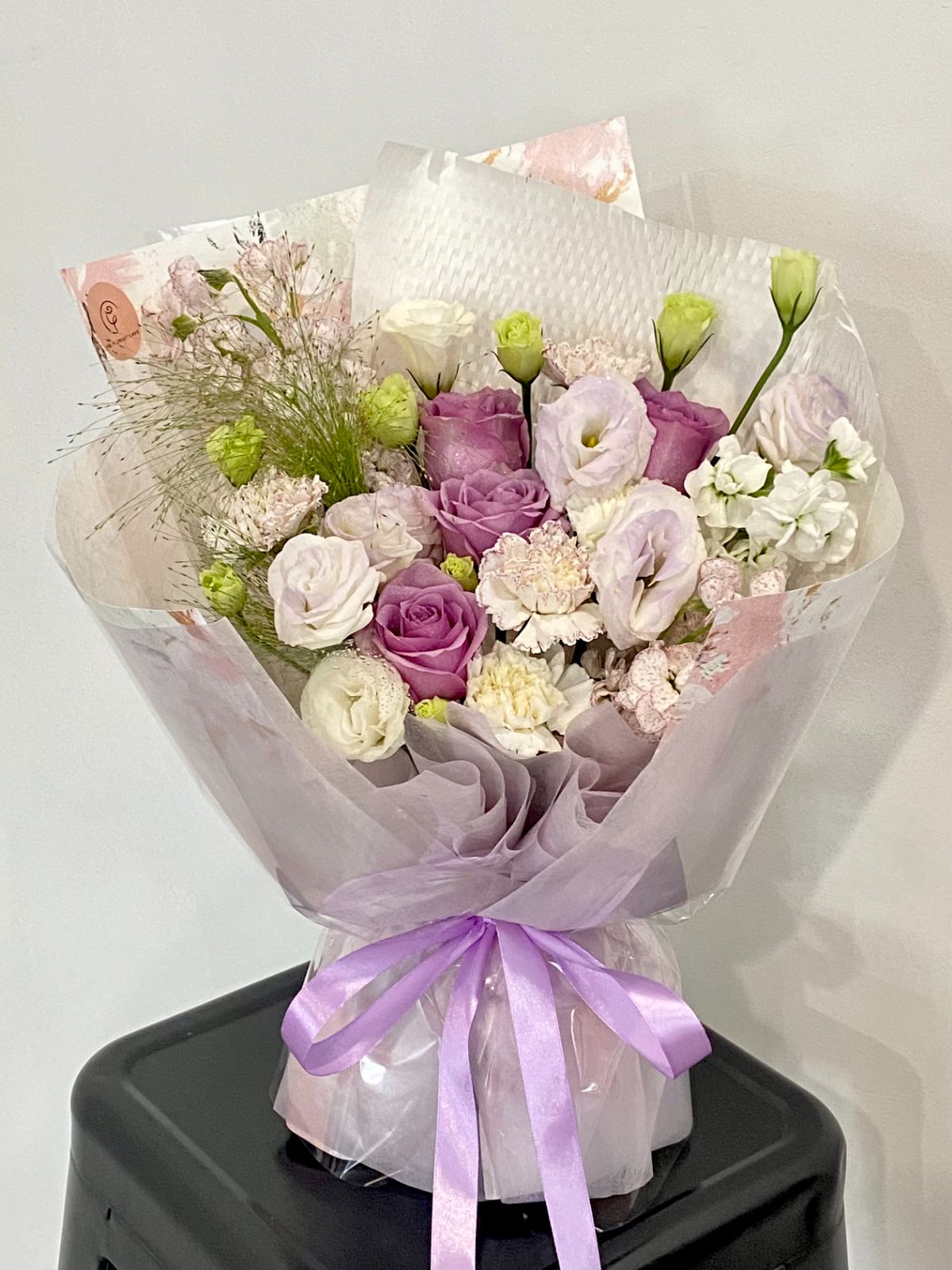 Fresh Purple Roses with Eustoma and Carnation
