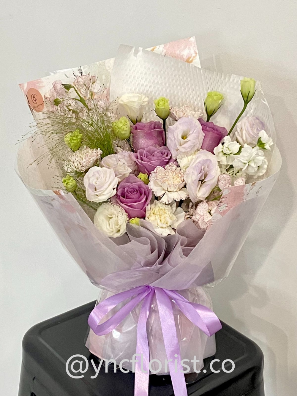 Fresh Purple Roses with Eustoma and Carnation