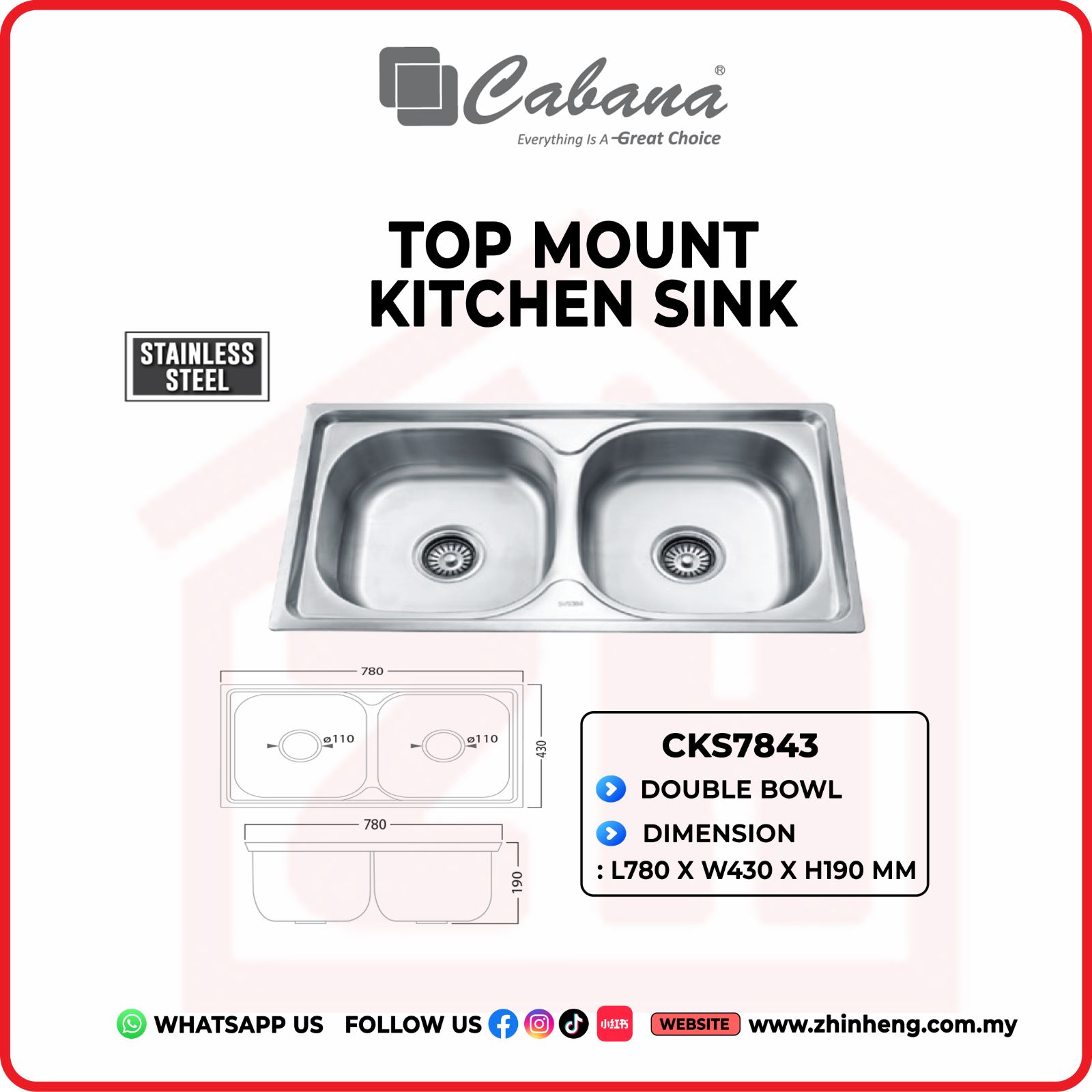 CABANA TOP MOUNT KITCHEN SINK DOUBLE BOWL CKS7843