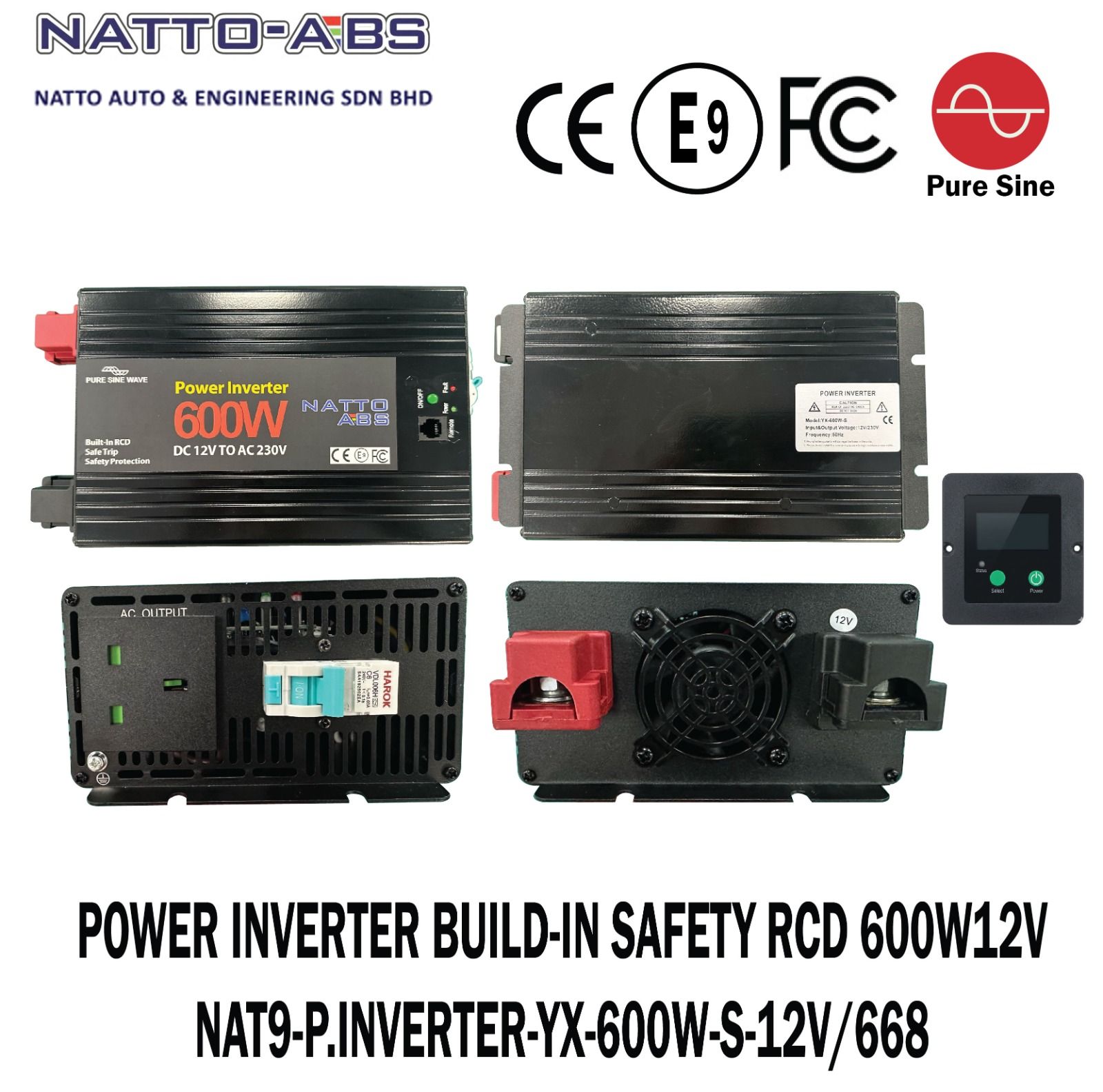 Pure Sine Wave Power Inverter 600W (12V) Built-in Safety RCD (Residual Current Device)