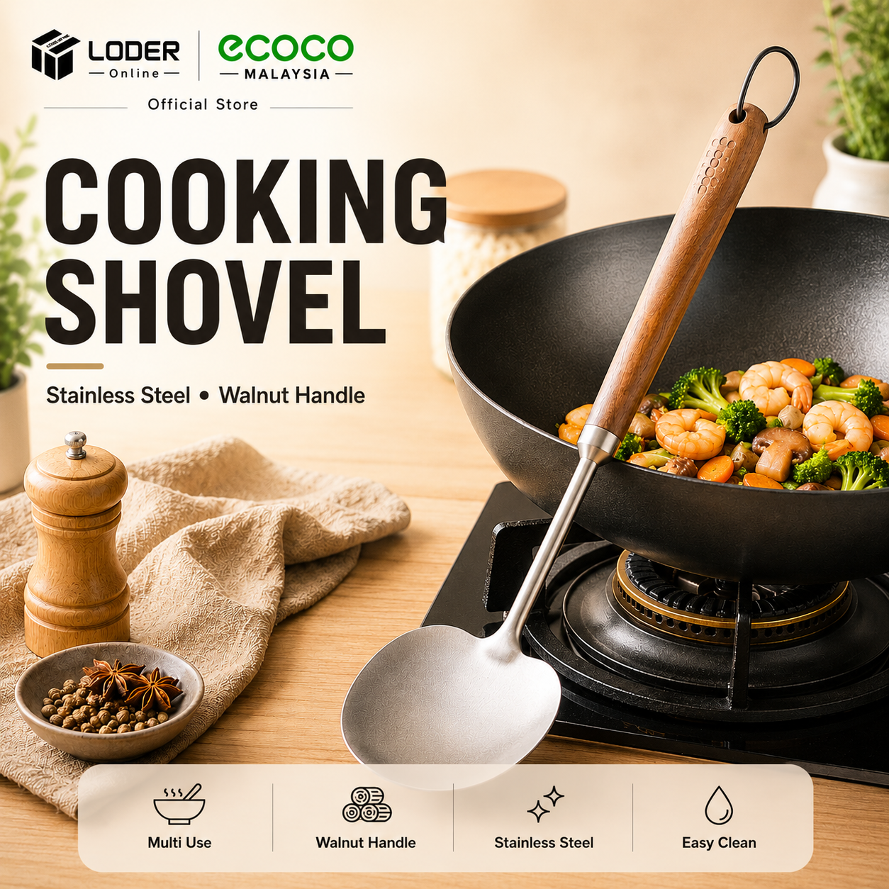 LODER ECOCO 2-in-1 Cooking Shovel Stainless Steel Walnut Handle Stir Fry Spatula Soup Ladle 304 Steel Kitchen Utensil