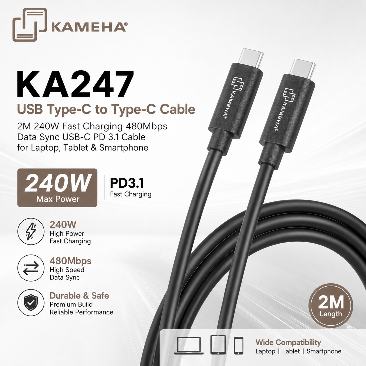 KAMEHA KA247 USB Type-C to Type-C Cable 2M 240W Fast Charging 480Mbps Data Sync USB-C PD 3.1 Cable for Laptop, Tablet & Smartphone