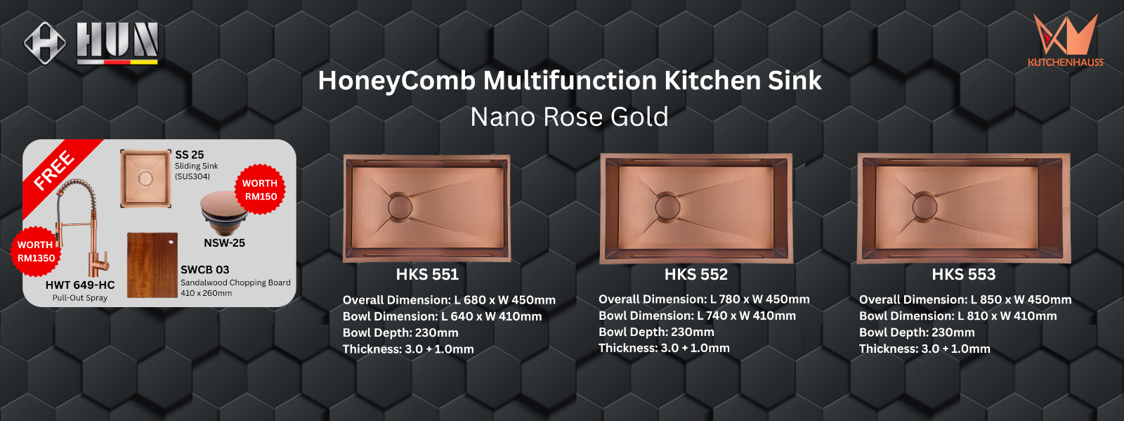 HUN - HoneyComb Multifunctional Kitchen Sink Single Bowl Package (Nano Rose Gold) | HKS 551, HKS 552, HKS 553