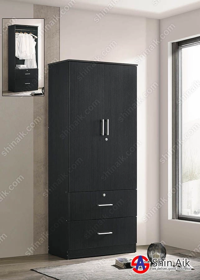 WR92023(KD) Wenge Modern 2-Doors Wooden Wardrobe With 2 Drawers