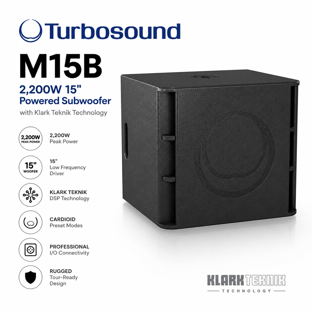 Turbosound M15B – 2200瓦15英寸有源低音音箱，配备Klark Teknik技术