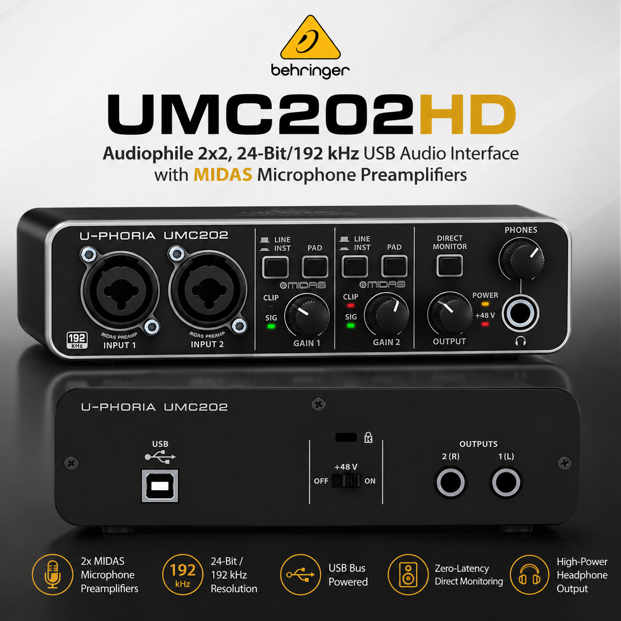 Behringer UMC202HD – Antara Muka Audio USB 2x2 Audiophile 24-Bit/192 kHz dengan Preamplifier Mikrofon MIDAS