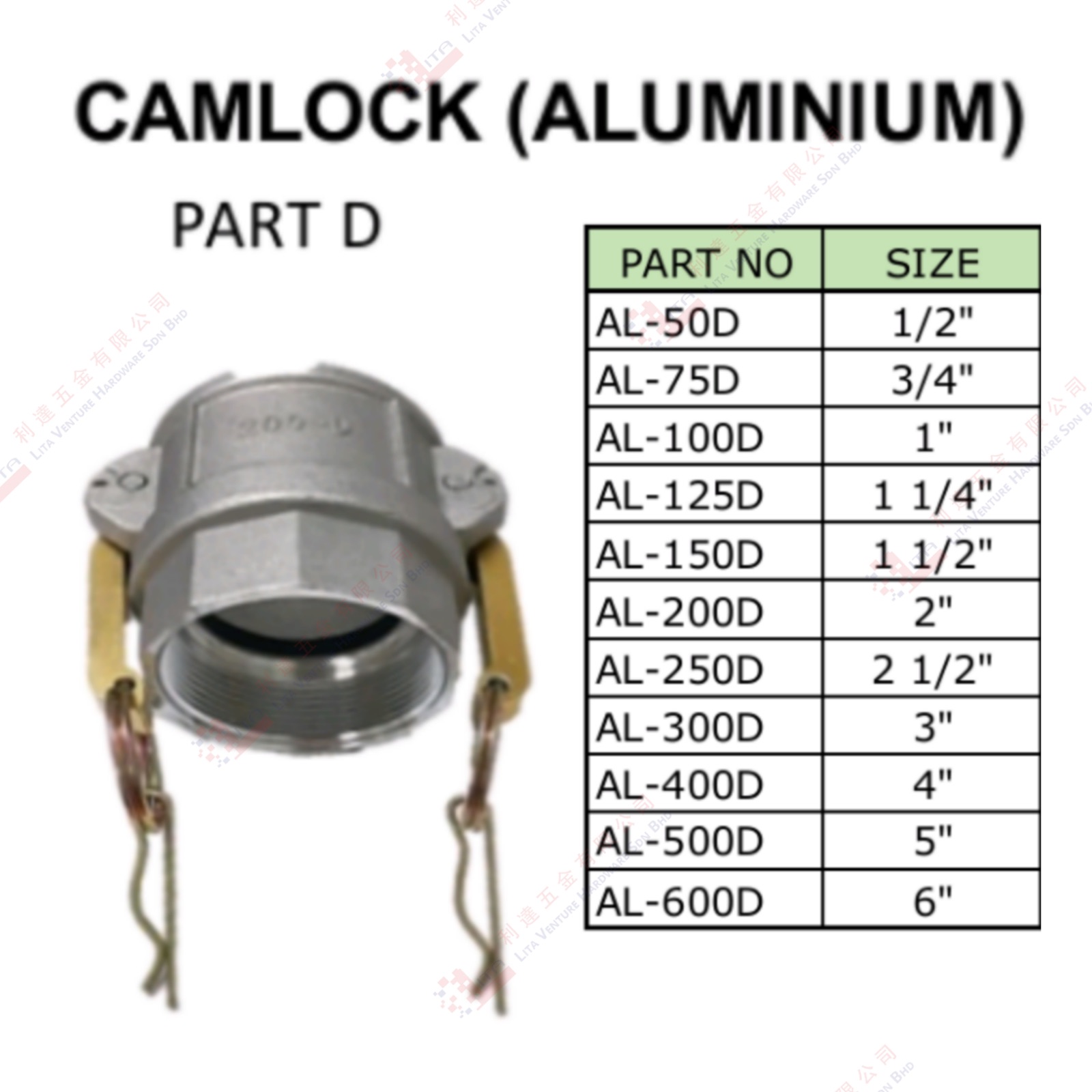 CAMLOCK ALUMINIUM - AL50D AL75D AL100D AL125D AL200D AL250D AL300D AL400D AL500D AL600D