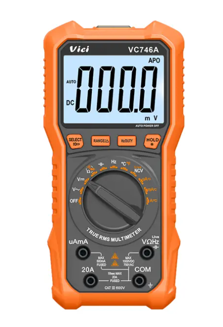 Vici VC746A Live，NCV，T-RMS tests 6000 digits auto ranging multimeter with Data hold, Duty-cycle, Diode, hFE tests and Data hold, Backlight Torch functions