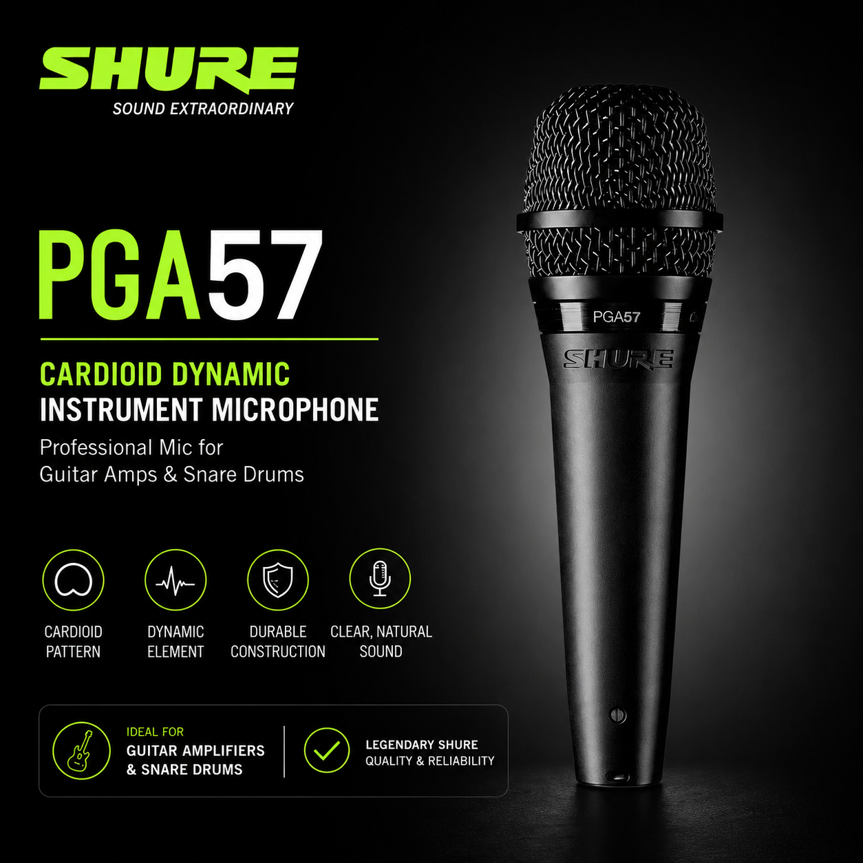 Shure PGA57 Mikrofon Dinamik Kardioid Instrumen – Mikrofon Profesional untuk Amp Gitar & Dram Snare